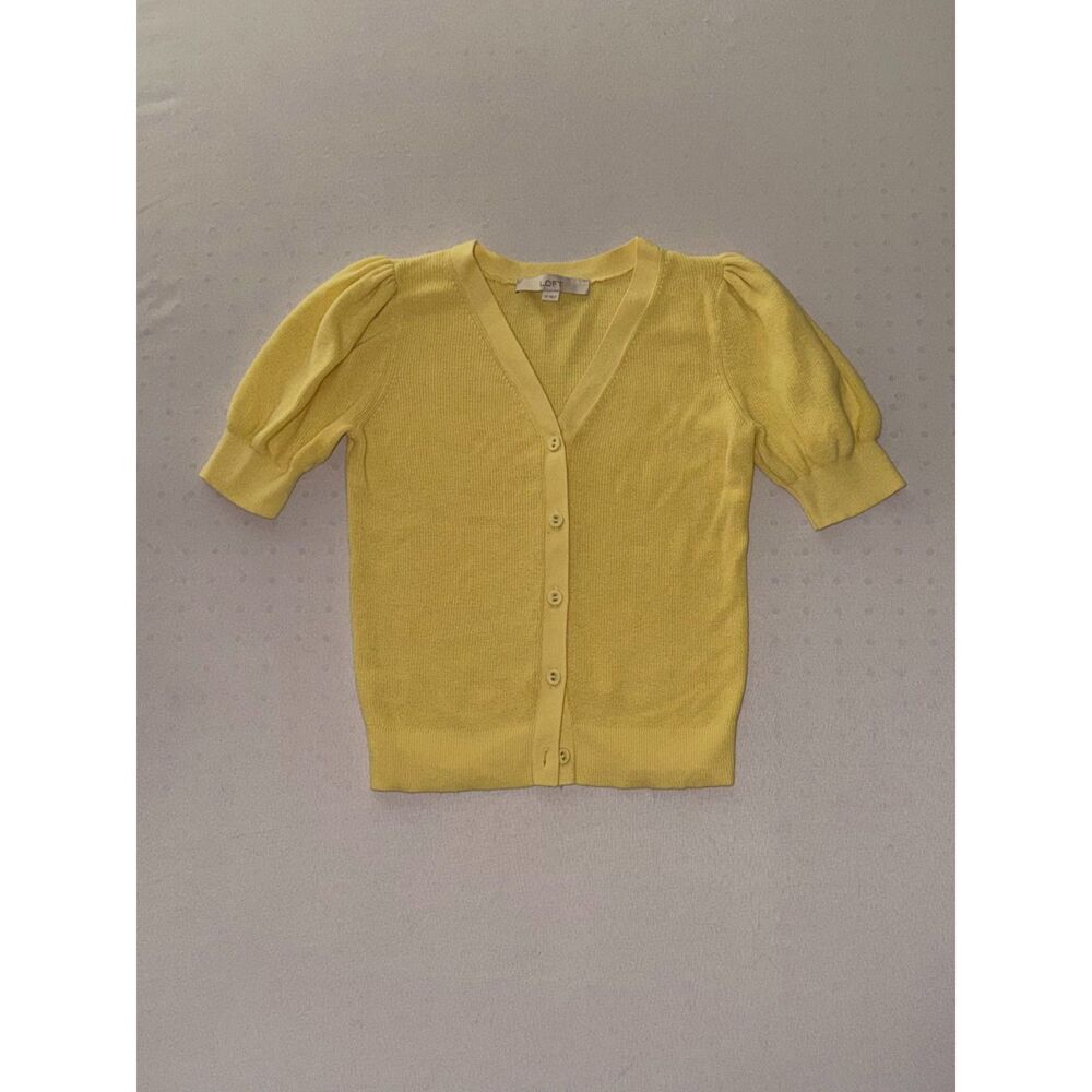 Loft 100% Cotton Yellow Short Sleeve Cardigan | Size XS